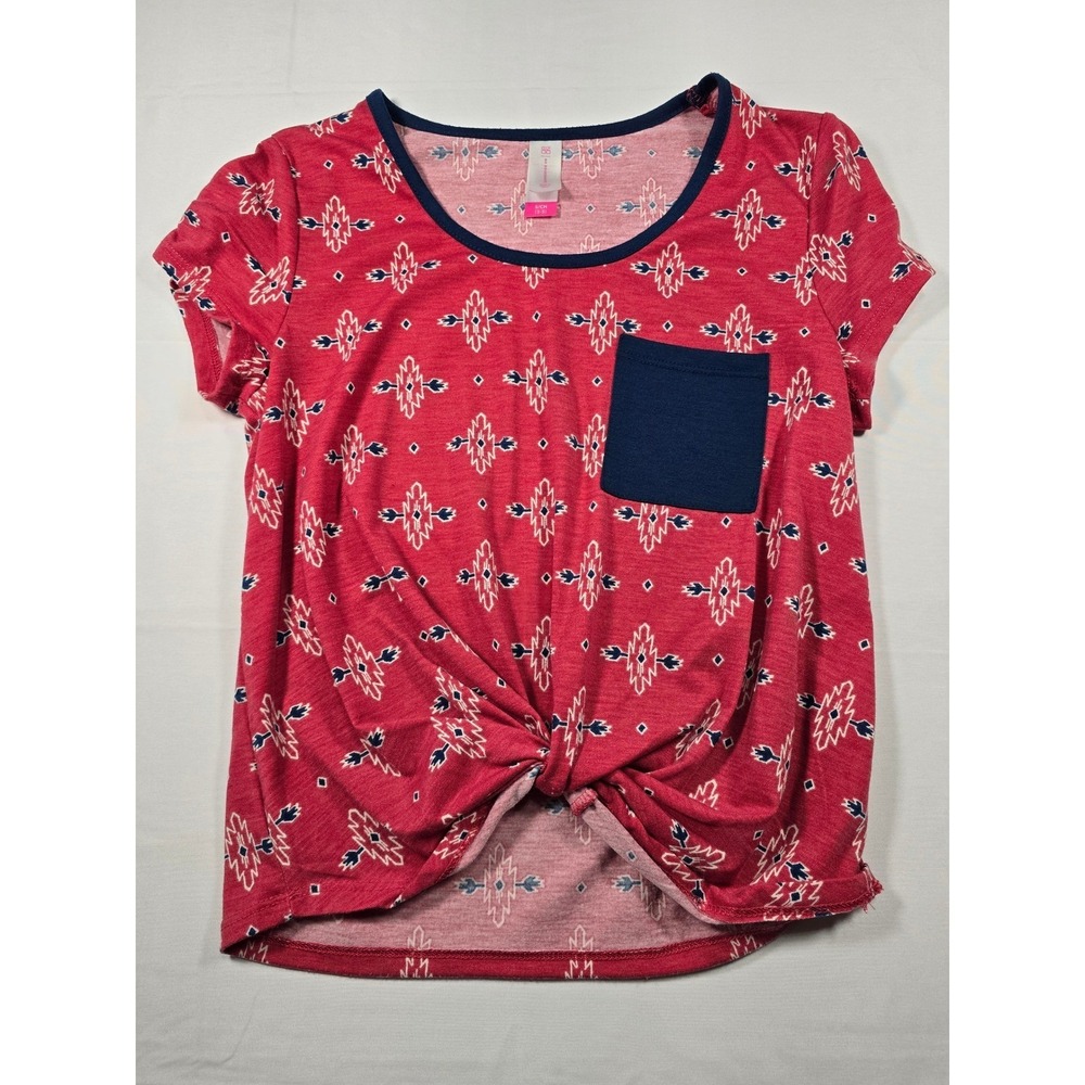 No Boundaries Womens Coral Southwestern Print Twist Front Pocket Tee Small 3-5